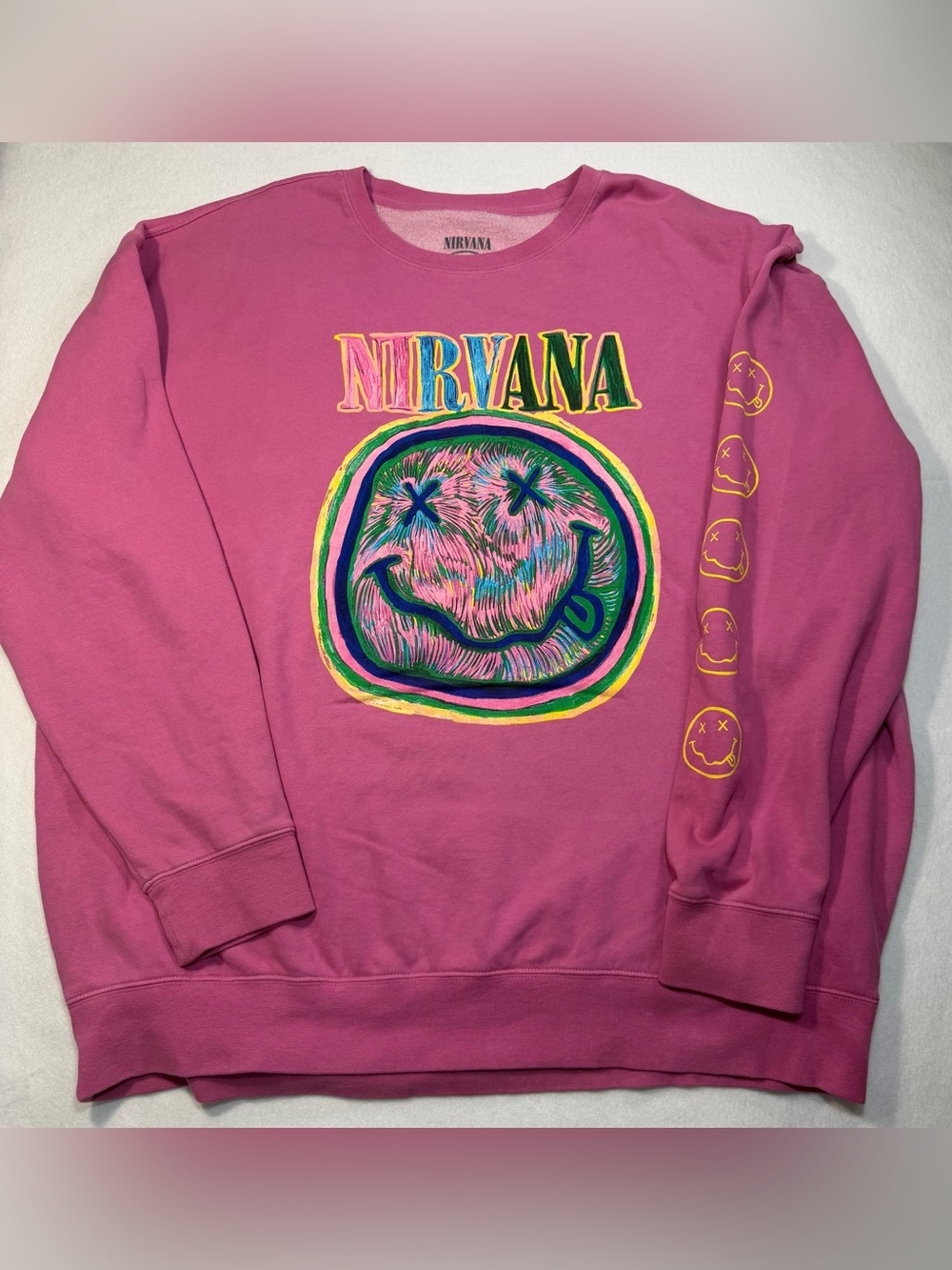Nirvana Pink Smiley Graphic Crewneck Sweatshirt 2XL Grunge Band Merch